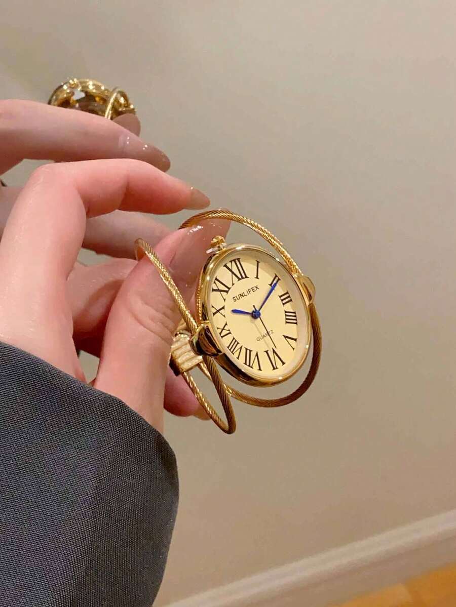 1 pieza Reloj de pulsera vintage de lujo para mujer, de oro/plata pequeño. Reloj de cuarzo minimalista y elegante, adecuado para uso diario, regalo de cumpleaños