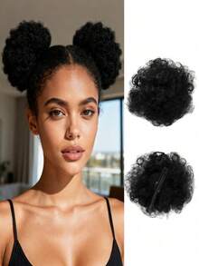 2pcs 4inch Hairpin Style Hair Buns,Afro Puffs Kinky Curly Chignon ,Natural Black Synthetic Wigs Suitable For Daily Wear