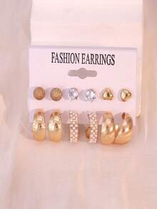 24-12pcs Fashionable & Elegant Heart Shape And Striped Women Metal Earrings Set, Rhinestone Inlaid Earrings And Simple Stud Earrings, Suitable For Daily Life And Summer Vacation Wear