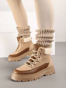 Autumn/Winter Retro Thick Sole Lace-Up Trapper Boots - Beige - View 4