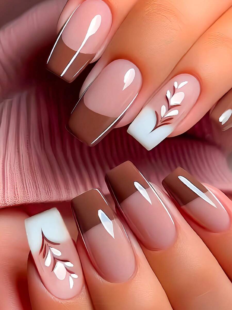 Mejora tu apariencia con 24 piezas de uñas postizas cuadradas cortas con estilo retro-chic en color marrón, puntas francesas blancas y marrones con contraste de estampado de hojas, kit de uñas postizas de cobertura total para mujeres y niñas que incluye 1 hoja de pegatinas adhesivas y 1 tira de gel de gelatina al azar