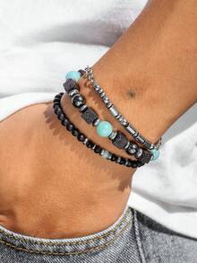 2/3pcs Teens' Fashionable Elastic Cube & Volcanic Stone Beaded Bracelet Set, Suitable For Friend Gifts, Punk Style Multi-Layer Stacking Creative Bracelet, Matching Father-Son Outfits For Travel Or Vacation - Multicolor - View 12