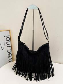 1 pieza Bolso de mano con diseño mate de moda, bolso cruzado versátil bohemio vintage con flecos, bolso de hombro estilo Y2K, regalo para vacaciones, ideal para compras al aire libre y estilo callejero - Negro - Ver 12