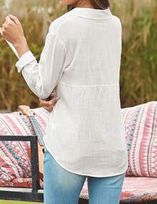 Women's Cotton Linen Blouse Long Sleeves Plus Size - trắng - Xem 6