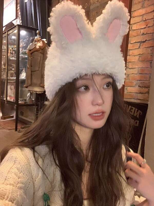 1pc Autumn/Winter Rabbit Ear Thickened Warm Knit Hat, Suitable For Daily Wear, Outdoor, Gift-Giving, Fashion Versatile, Sweet & Cute, Windproof, Insulating, Ear Protection, Soft & Comfortable, Ideal For Cold Weather, Halloween, Christmas, Winter Outdoor Cycling