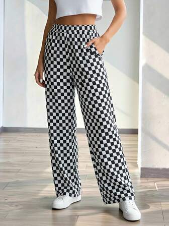 女士格纹裤 - 秋冬经典黑白棋盘印花高腰裤，适合休闲、办公、万圣节派对穿着