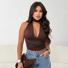 Cropped Turtleneck Adjustable Multi-Way Women's Simple Backless / Backless Hollow / Cut Out Holiday - Óxido marrón - Ver 2