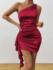 1pc Sexy Backless Frill Trim Bodycon Dress, Strapless Sleeveless, For Bar Party Holiday, Fashion Slim Fit - Burgundy - View 7
