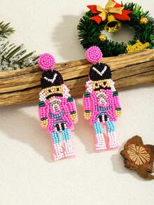 2pcs Bohemian Handmade Beaded Crystal Nutcracker Soldier Drop Earrings For Women, Festive Christmas Holiday Party Daily Wear Jewelry(Handmade Version, With Slight Variations)