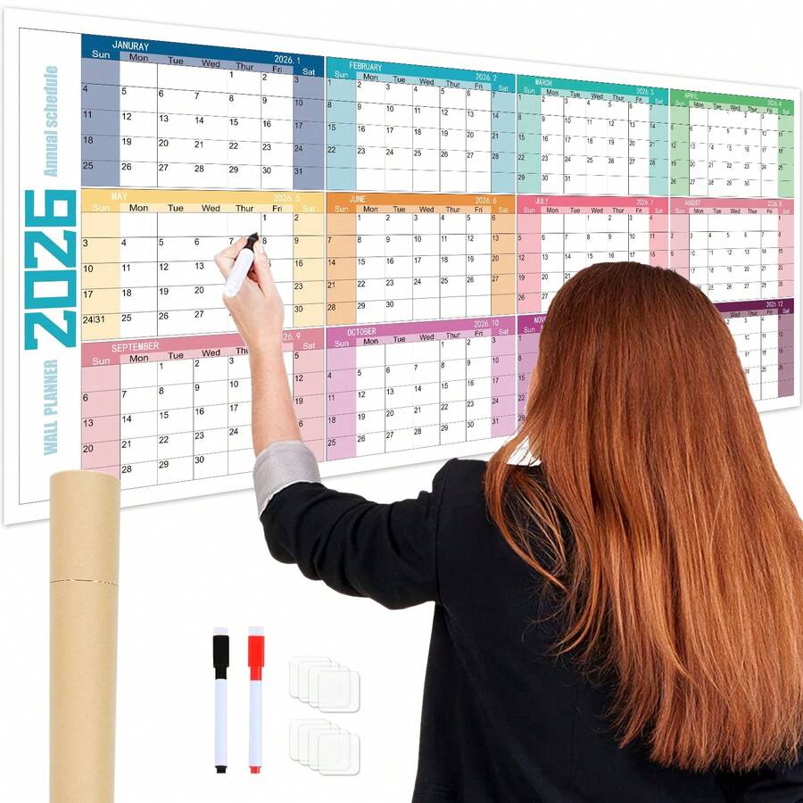 2026 Large Dry Erase Wall Calendar, Dry Erase Wall Planner Set (39.37" X 16.54"), 12 Month Yearly Jan-Dec Annual, Rolled Extra Thick Laminated Wall Calendar With Dry Wipe Pen & Adhesive Mounting Pads - L - View 1