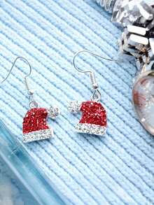 Cercei eleganți cu pandantiv și pălărie de Crăciun pentru femei, aliaj de zinc placat cu argint cu accente de stras, ac de ureche din fier, cadou festiv de sărbători, bijuterii de iarnă, fără pene - 1 pereche