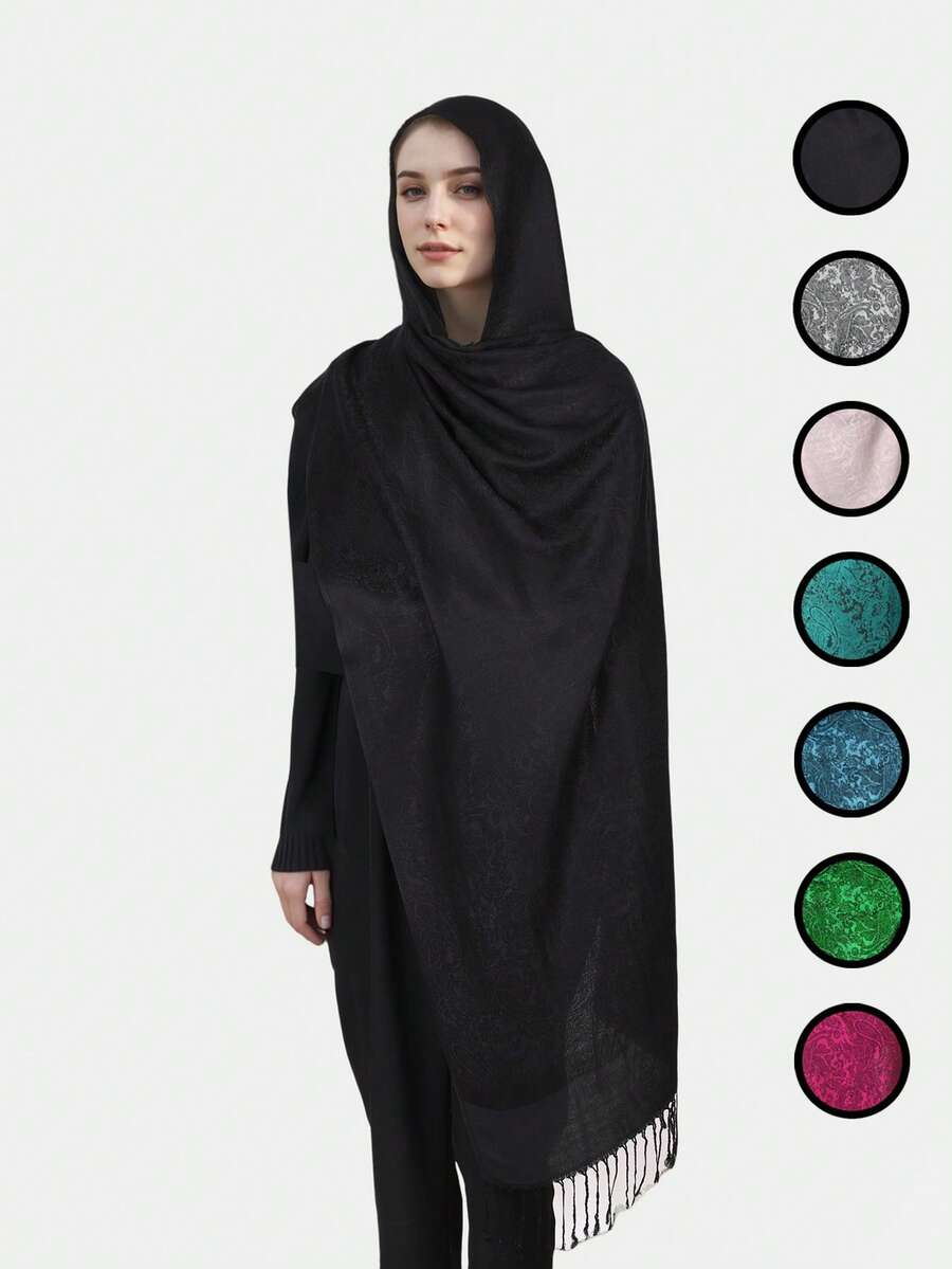1pc Women's Retro Chic Paisley Jacquard Cardigan Shawl Scarf With Tassel, Classic Minimalist Cashmere-Like Versatile Hijab/Abaya Accessories, Elegant Fashion Cape Wrap For Spring Fall Soft Warmth, Casual & Formal, Indoor & Outdoor