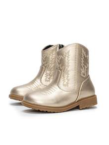 Botas con bordado de tótem de otoño/invierno, nuevas botas occidentales para bebé versátiles, resistentes al desgaste, cálidas y cómodas con estilo minimalista y cremallera lateral - Dorado - Ver 5
