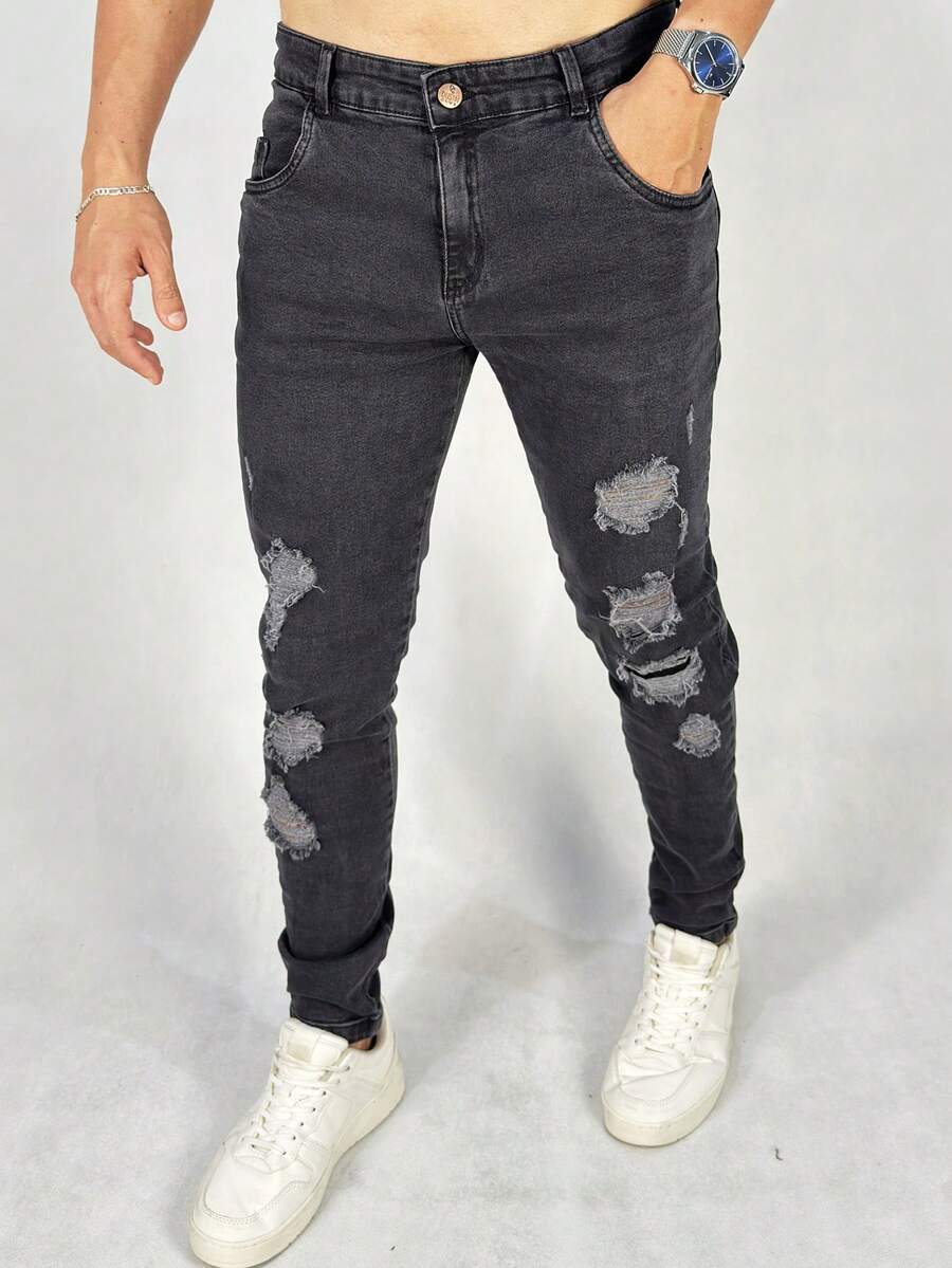 Men's Lycra Ripped Jeans Premium Skinny Elastane - 黑色 - 查看 1