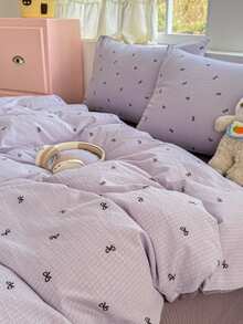 2/3pcs Set Purple Bow, Fresh & Cute, Jacquard Crafted, Super Soft, Unisex, Suitable For Students, Dorms, Sweet & Lovely Girls, Students, Spring/Summer Brushed Duvet Cover & Pillowcase Set, Available In Twin, Full, Queen Sizes