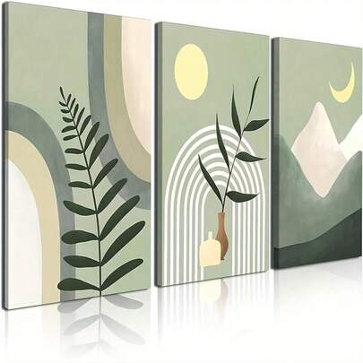 Elegant Sage Green 3pcs Canvas Wall Art Set - Minimalist Framed Prints For Living Room, Bedroom, And Bathroom Decor
