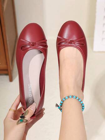 Women's Elegant White Ballet Flats Spring Summer New Versatile Low Top Comfort Soft Lightweight Bow Detail Slip On Work Shoes