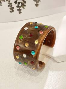 1pc Vintage Colorful Crystal Inlaid Tie Dye Resin Open Bangle Bracelet, Suitable For Women's Party/Retro Outfits - Colored Diamond Open Bracelet - View 2
