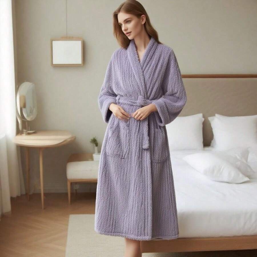 Winter New Flannel Long Sleeve Tree Bark Jacquard Robe, Thick Warm Women Bathrobe, Sleepwear, Plush Soft Fluffy Long Sleeve Robe