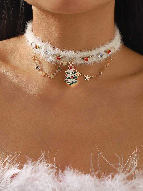 1Pc Elegant Christmas Neck Ring Christmas Tree Pendant Necklace,Women's Jewelry For Daily&Party Wear,Winter Jewelry Christmas Accessory