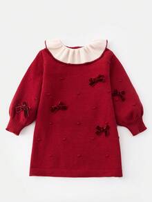 1 Stück süßes und niedliches Mädchen Kleid mit roter Schleife Dekoration und Langarm, Pulloverkleid