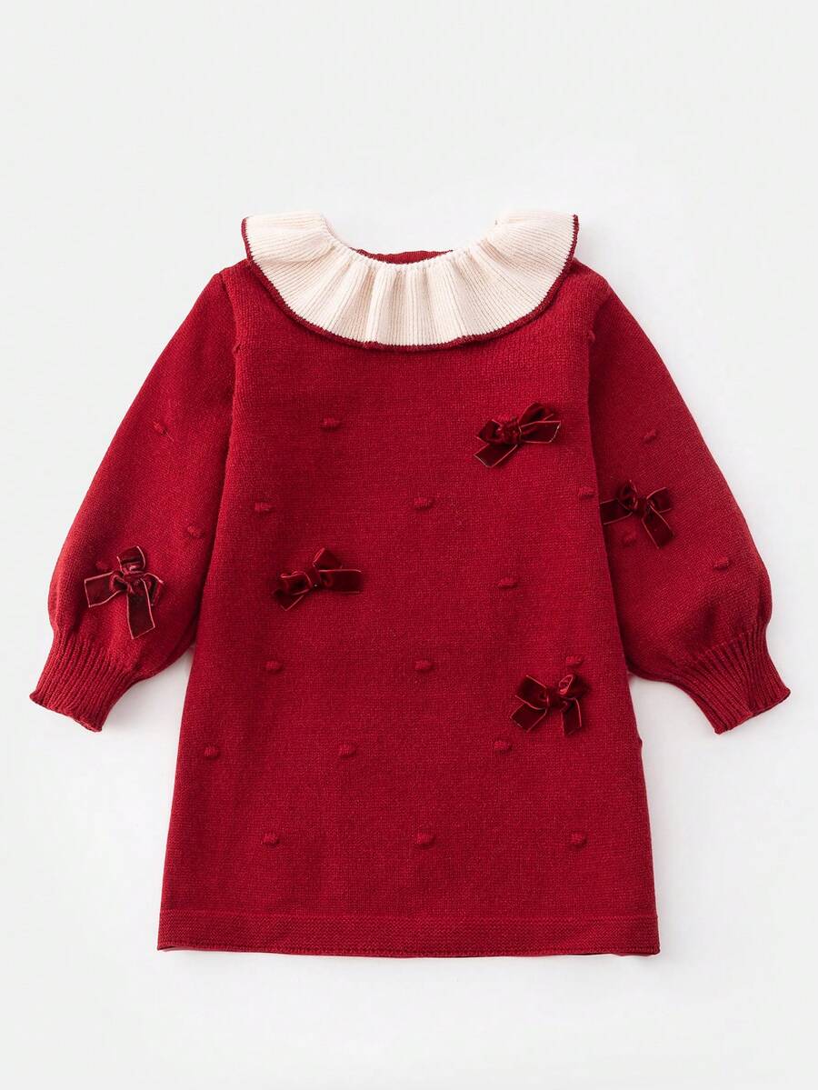 1 Stück süßes und niedliches Mädchen Kleid mit roter Schleife Dekoration und Langarm, Pulloverkleid