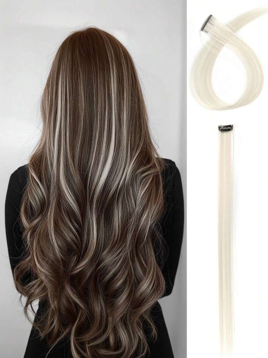 Extensiones de cabello de colores, extensión de cabello con Clip de Color liso de 22 pulgadas, reflejos de fiesta de arcoíris, postizo sintético para niñas - Blanco - Ver 1