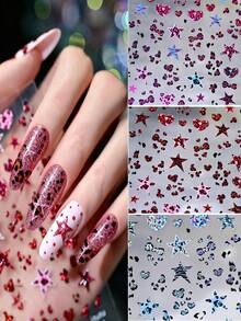 1 pieza Pegatinas de uñas con brillo 5D de estampado de leopardo, decoraciones de uñas con brillo/estampado de leopardo, estrellas, corazones, lazos, arte retro Y2K autoadhesivo para manualidades de manicura de Halloween y Navidad, suministros para uñas