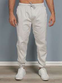 Men's Twill Jogger Pants With Elastic Waistband - 米色 - 查看 1