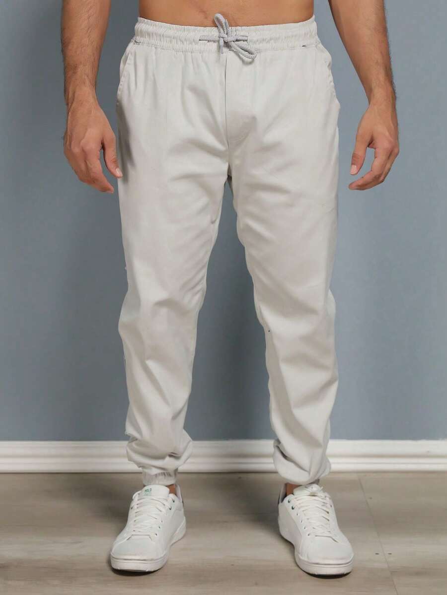 Men's Twill Jogger Pants With Elastic Waistband - 米色 - 查看 1