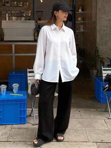Livesso Solid Hidden Button Front Shirt,Ladies Casual Button Long Sleeve Collar Regular Fit Regular White Regular Sleeve Shirt Women Blouses,Spring/Fall ,Professional/Business Attire/Workwear,Long Sleeve Tops,Back To School Clothes - White - View 4
