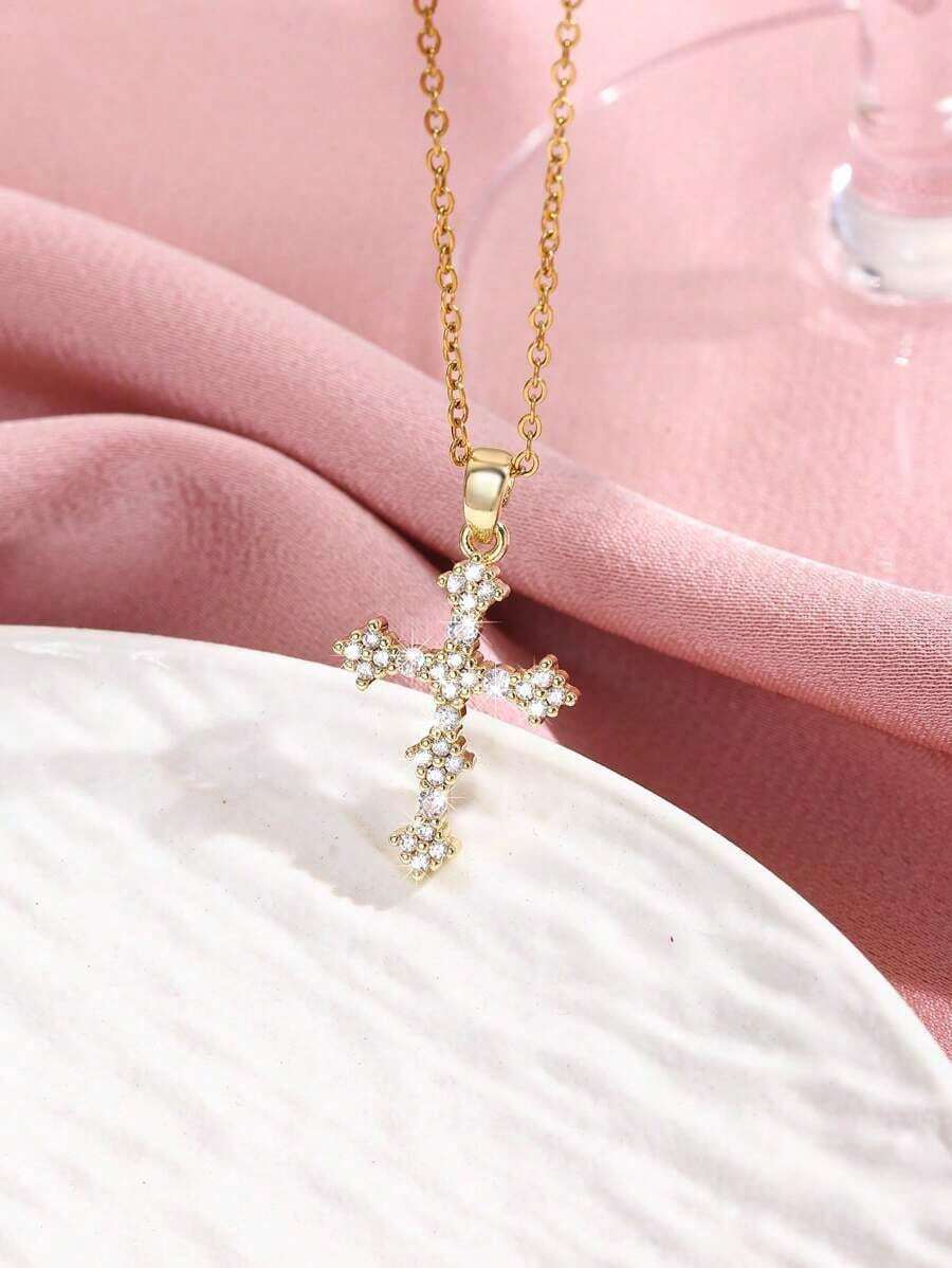 1pc Stainless Steel Cross Necklace With Zirconia, Suitable For Women's Daily Wear - Yellow Gold 2 - View 1