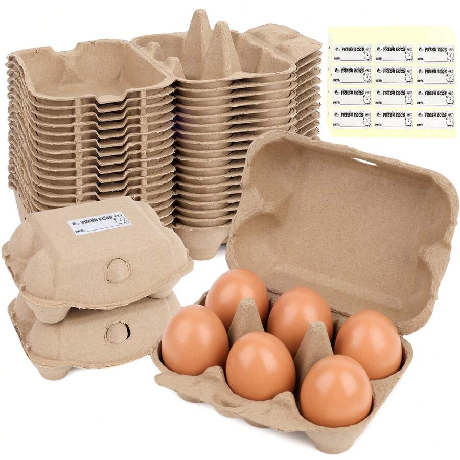SHINDEL 36PCS 6*4.5Inch Half Dozen Reusable Egg Cartons, Blank Natural Pulp Egg Cardboard Paper Holder Container For Farm Market, Fridge, For Easter, Camping, Birthday Party, Family Gatherings, Father's Day, Wedding, Kitchen