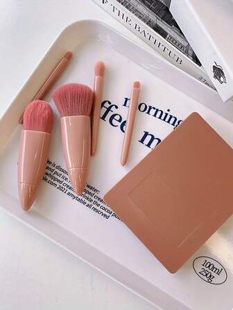 5pcs Portable Mini Makeup Brush Set With Mirror, Professional Beauty Tools, Soft Fiber Hair And Eyeshadow Brushes, Plastic, No Electricity Needed, No Feather