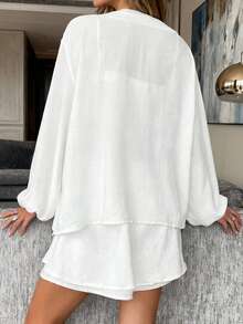 Women Summer 2 Piece Outfits Stylish Solid Color Long Sleeve V Neck Botton Up Ruffled Tops And Elastic Waist Shorts Set - trắng - Xem 6