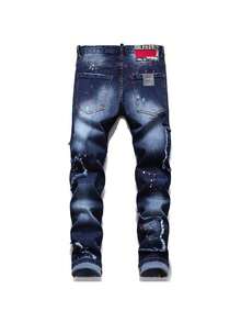 2025 Nuevos Pantalones de Mezclilla Desgastados con Múltiples Parches para Hombres Moda Streetwear Estilo Hip Hop Jeans Rotos para Atuendo Casual Lavado Vintage Ajuste Cómodo Estilo Urbano Pantalones Holgados - Azul Marino - Ver 2
