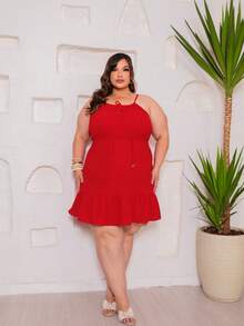 DRESS All-Over Print Flowers Ruched Ruffled Hem Holiday - Plain Red - View 7