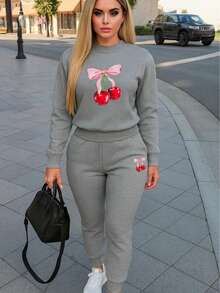 Conjunto de pants  Sudadera y pantalón  Felpa suave  Cuello redondo Estilo cómodo  Conjunto deportivo - Gris - Ver 1