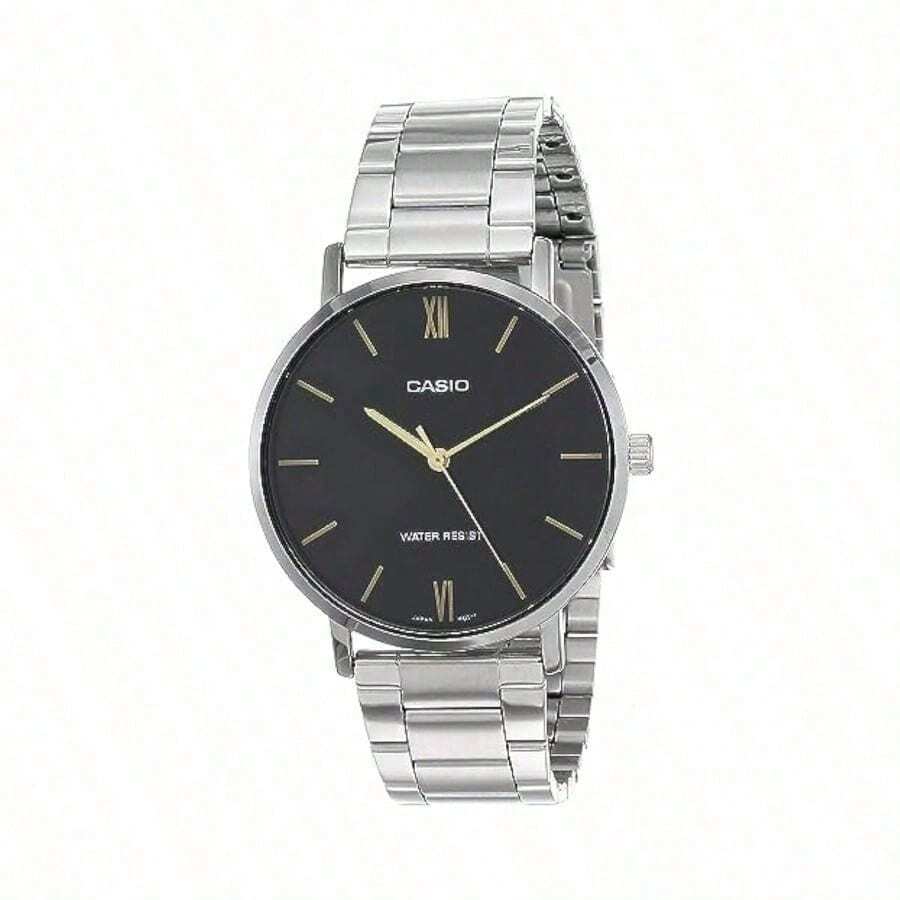 Men's Stainless Steel Minimalistic Black Dial 3-Hand Analog Watch Gifts For Men MTP-VT01D-1B