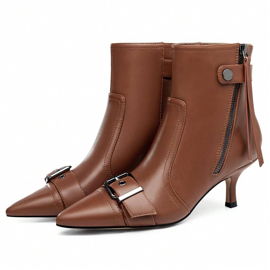 Coutgo Womens Kitten Heel Ankle Boots Pointed Toe Buckle Side Zipper Tassel Fall Winter Booties Shoes - 棕色 - 查看 1