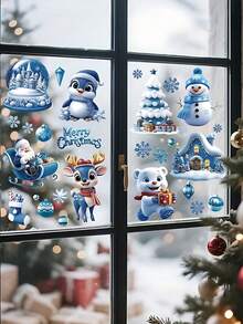 106pcs/9sheets Christmas Window Stickers - Cute And Funny Double-Sided Static Glass Door And Window Stickers, Blue Snow And Ice Winter Pattern, Reusable, Christmas Window Stickers, Winter Frozen New Year Party Supplies Wonderland Decorations,Christmas Decorations Home,Christmas>Decoration - Multicolor - View 3