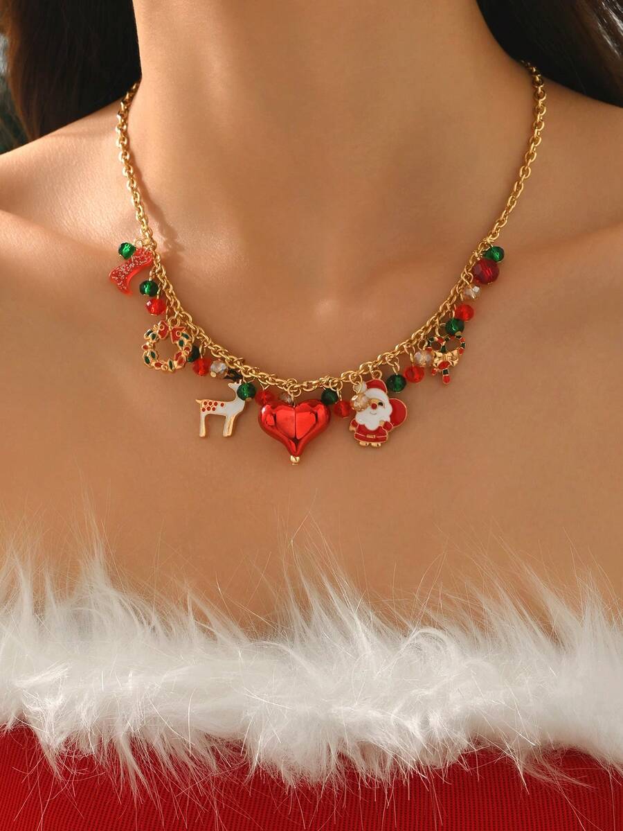 1pc Christmas Series Colorful Cartoon Santa Claus, Snowman, Heart, Reindeer, Bow, Wreath, Boot Pendant Necklace, Holiday Sweater Chain, Choker, Gift For Friends, New Year Gift