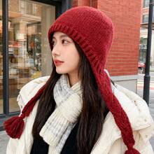 Autumn Winter Gentle Style Knitted Earflap Hat With Tassel Decoration, Warm Face-Slimming Cold Hat, Autumn Winter Cold-Proof Warm Earflap Knitted Hat, Outdoor Tie-Up Head Wrap Versatile Pullover Hat - Màu Đỏ Sâu - Xem 13