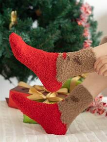 Christmas Men Winter Cozy Red Color With Green Trees Warmly Soft Fuzzy Circle Comfort Fluffy Long Crew Socks