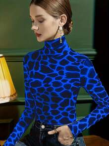 秋季新款豹纹高领修身长袖汗衫，冬季时尚优雅上衣 - 藍色和黑色 - 查看 4