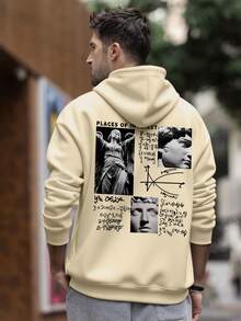 Sudadera con capucha de felpa con estampado de retrato de diosa y función para hombre, estilo streetwear, otoño/invierno - Albaricoque - Ver 2