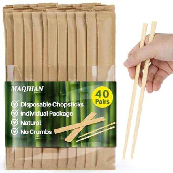 New 40 Pairs Wooden Chopsticks Disposable  Chopsticks Chinese Food Japanese Sushi Korea Ramen Asian Cooking Hibachi Party Paper Packaging Individually Packaged Restaurant Business