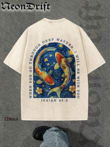 Men's T-Shirt, Double-Sided Printing Men's Retro Distressed T-Shirt, Pure Cotton Material, Ideal Gift For Halloween, Thanksgiving And Christmas, Unisex Style Men's Koi Fish T-Shirt With Deep Water Artwork Japanese Inspired Design Relaxed Fit Casual Wear For Nature Lovers Zen Style Streetwear Fashion  Graphic Tee - 杏色 - 查看 3