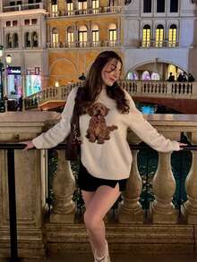 Mejor Women's Autumn/ Winter Casual Cute Animal Dot Print Knitted Sweater Tops Round Neck Puppy Pattern Pullover Long Sleeve Simple Streetwear Y2K Fall Winter Going Out Outftis Clothes School Daily Wear Date - Apricot - View 5