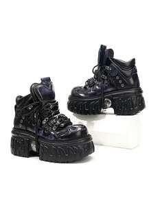 哥特式赛博朋克风格厚底系带高帮运动鞋，复古厚底运动鞋，男女通用时尚 - 黑紫 - 查看 8